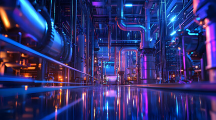 Poster - Futuristic industrial facility with vibrant lighting and intricate piping systems