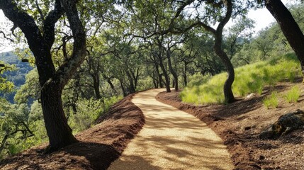 Poster - A serene hiking trail surrounded by newly planted trees, inviting outdoor enthusiasts to enjoy and appreciate the beauty of restored natural landscapes.