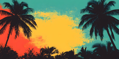 Poster - Grunge background with colors in reggae style in an evening feel, complete with coconut tree silhouette and space in the middle for text.