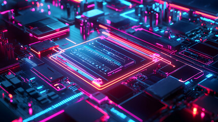 Poster - Futuristic circuit board with vibrant neon lights showcasing technology
