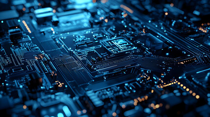 Poster - Close-up view of a futuristic circuit board with glowing blue components