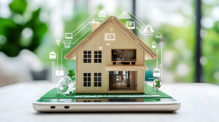 Poster - Smart home concept with miniature house on smartphone, showcasing technology and innovation