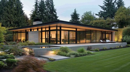 Leinwandbilder - A sleek modern house with a flat roof, large glass panels, and minimalist landscaping, blending seamlessly with nature, showcasing clean lines and open spaces.