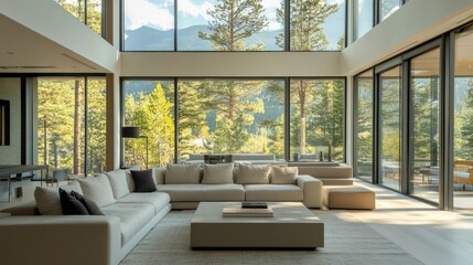 Poster - A spacious modern living room with floor-to-ceiling windows, minimalistic furniture, and a neutral color palette, emphasizing light, space, and functionality.