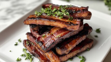 Wall Mural - A stack of perfectly cooked bacon strips on a white plate, garnished with fresh herbs, ready to be served at a brunch gathering.