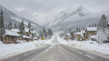 Avalanche-blocked road leading to a snowy downtown area, with thick snow falling from low gray clouds and frozen trees lining the street