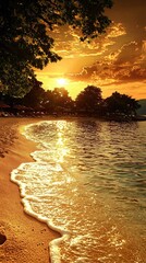 Canvas Print - Golden sunset beach scene, tranquil waters, vacation background