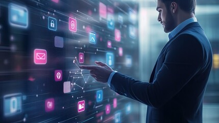 Poster - Businessman Interacting with Virtual Technology Interface Display