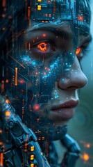 Poster - Futuristic female cyborg face with glowing orange eye and integrated circuit patterns, illuminated by blue and orange lights against dark background.