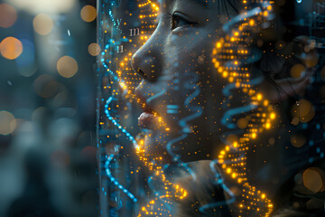 Poster - Profile view of young Asian woman with glowing DNA helix strands and bokeh light effects in blue and orange tones, representing genetic science and biotechnology.