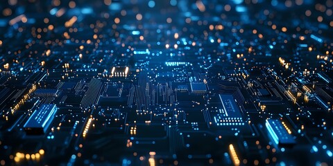 Poster - Glowing circuit board with blue and gold lights creating futuristic technology landscape, macro view with shallow depth of field for digital concept backgrounds.
