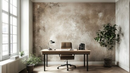 Poster - A stylish Nordic home office featuring a simple desk, ample natural light, and greenery, illustrating the beauty of a clutter-free, inspiring workspace.