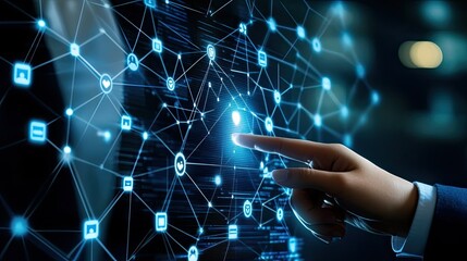 Fototapete - Hand Interacting with Digital Network Connections and Data Points