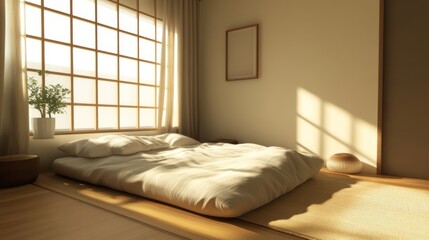 Poster - A tranquil Muji-style bedroom with a low-profile bed, soft bedding in earthy tones, and a minimalist aesthetic, promoting relaxation and a clutter-free environment.