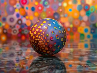 Poster - Colorful sphere with vibrant polka dot pattern reflecting on glossy surface against blurred multicolored circular bokeh background creates festive abstract composition.