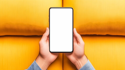 Hands Holding Smartphone with Blank Screen on Yellow Couch: Relaxing, Mobile Technology, User Experience,  Digital Lifestyle, Modern Communication.