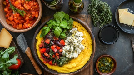 Poster - A vibrant overhead shot of a polenta board with different toppings, including cheese, vegetables, and sauces, inviting viewers to explore the diverse flavors.