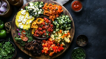 Poster - A vibrant overhead shot of a polenta board with different toppings, including cheese, vegetables, and sauces, inviting viewers to explore the diverse flavors.