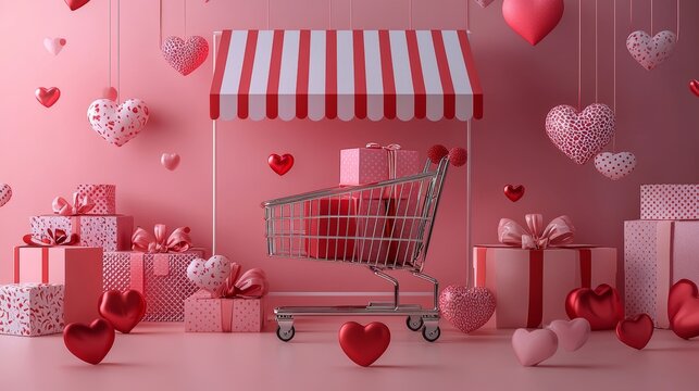 Clean e-commerce background with a central display stand, love heart decorations in red and pink