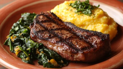 Poster - A vibrant plate of bistecca served with a side of creamy polenta and sauted greens, showcasing the rich flavors and beautiful presentation of a traditional Italian meal.