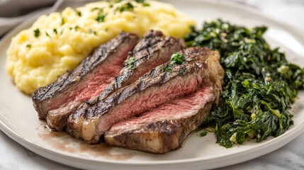 Poster - A vibrant plate of bistecca served with a side of creamy polenta and sauted greens, showcasing the rich flavors and beautiful presentation of a traditional Italian meal.