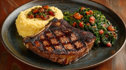 Poster - A vibrant plate of bistecca served with a side of creamy polenta and sauted greens, showcasing the rich flavors and beautiful presentation of a traditional Italian meal.
