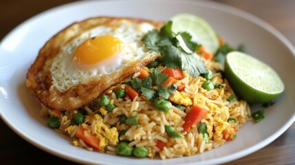 Poster - A vibrant plate of curried fried rice garnished with fresh cilantro, colorful vegetables, and a squeeze of lime, served with a side of crispy fried egg.