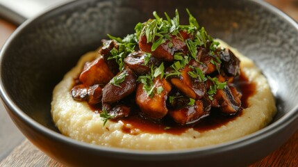Poster - A warm bowl of creamy polenta topped with sauted mushrooms and fresh herbs, showcasing its smooth texture and rich flavor, perfect for a comforting meal.