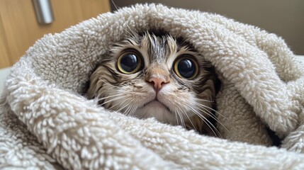 Poster - A wet cat wrapped in a fluffy towel after a bath, its big eyes peeking out with a mix of relief and confusion.