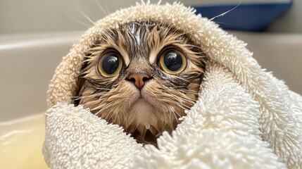 Poster - A wet cat wrapped in a fluffy towel after a bath, its big eyes peeking out with a mix of relief and confusion.