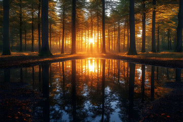 Wall Mural - Autumn Sunset Forest Reflection: Golden Light on Still Water