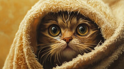 Poster - A wet cat wrapped in a fluffy towel after a bath, its big eyes peeking out with a mix of relief and confusion.