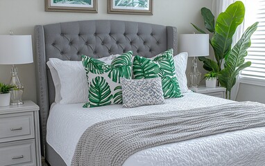 Canvas Print - Grey upholstered bed, tropical pillows, plant, bedroom