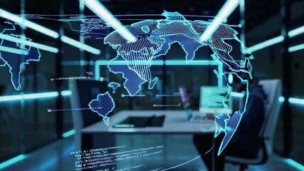 Leinwandbilder - Expert programmer develops software in high-tech workspace featuring digital world map