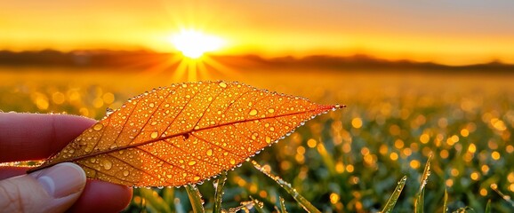 Aufkleber - Hand holding dew-covered autumn leaf at sunrise, field background; nature scene