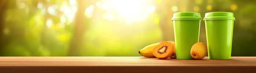 Wall Mural - Refreshing still life, two green cups and fresh oranges on a rustic wooden table