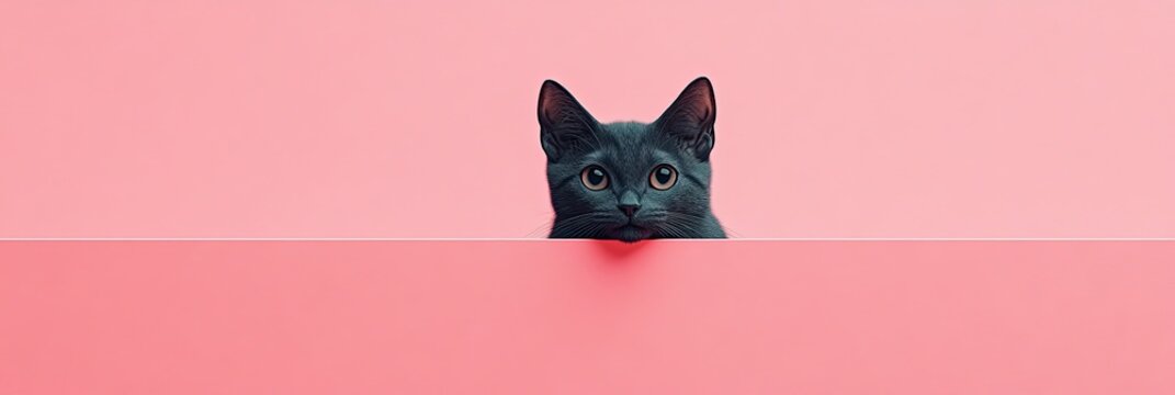 A cute cat peeking over a ledge against a soft pink background, capturing curiosity and playfulness in a charming illustration, with copyspace