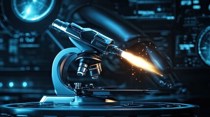 Poster - High-Tech Microscope with Futuristic Digital Interface Elements
