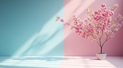 Poster - Realistic Floral Arrangement with Pastel Colors on Two-Toned Background in Soft Lighting