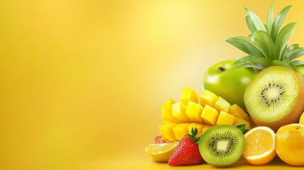 Wall Mural - Assortment of vibrant fruits on a sunny yellow background ripe