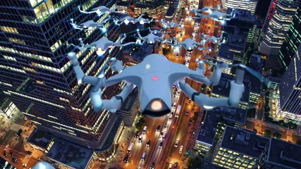 Poster - Drones navigate a bustling city skyline at night showcasing urban transport and technology advancements