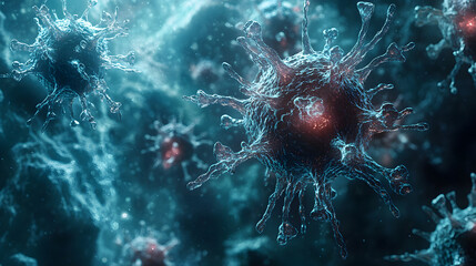 Poster - A close-up view of microscopic organisms resembling viruses, showcasing intricate structures and vibrant colors in a fluid-like environment