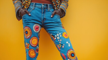Poster - Fashionable Scene with Bright Patterned Trousers against a Vibrant Yellow Background