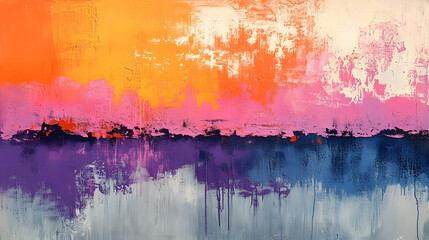 Poster - A vibrant abstract painting featuring blended hues of orange, pink, purple, and blue, creating a striking visual gradient