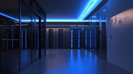 Fototapete - Modern server room with blue ambient lighting, featuring glass walls, advanced data racks, and high-tech infrastructure for efficient digital operations