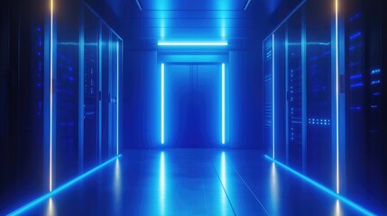 Fototapete - Futuristic server room with intense blue LED lighting, featuring sleek data racks, advanced network systems, and a high-tech infrastructure for digital solutions