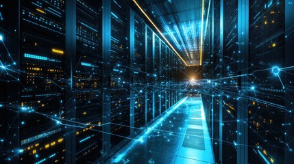 Poster - Futuristic Data Center with Bright Lights and Server Racks