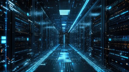 Poster - Futuristic Data Center Corridor with Bright Neon Light Effects
