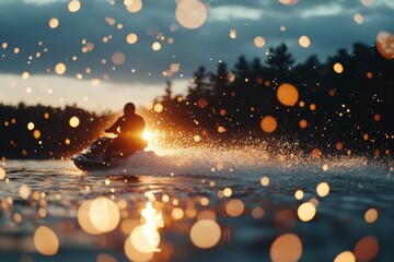 Poster - Silhouette of a person riding a jet ski at sunset