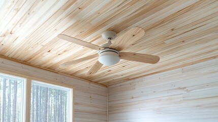 Wall Mural - Ceiling fan in wooden room, forest view. Home interior design